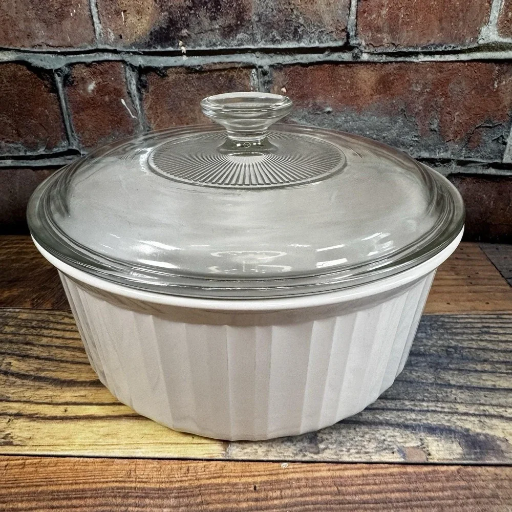 Corning Ware French White F-1-B 2.5L Round Casserole‎ Dish w/Glass Pyrex Lid USA